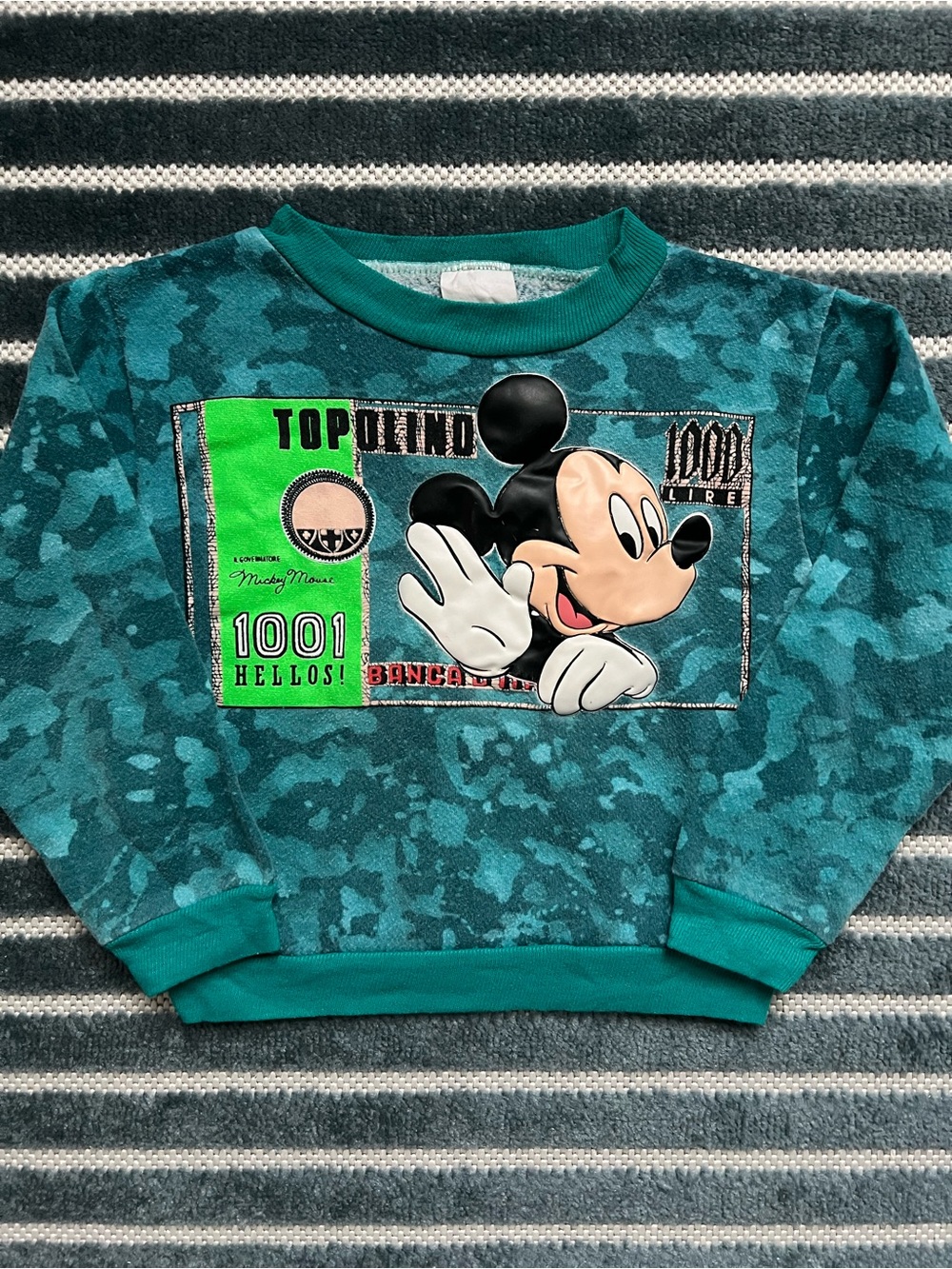 Vintage 90s Disney Mickey Topolino Postcard Kids Sweatshirt 5/6 3D Applique